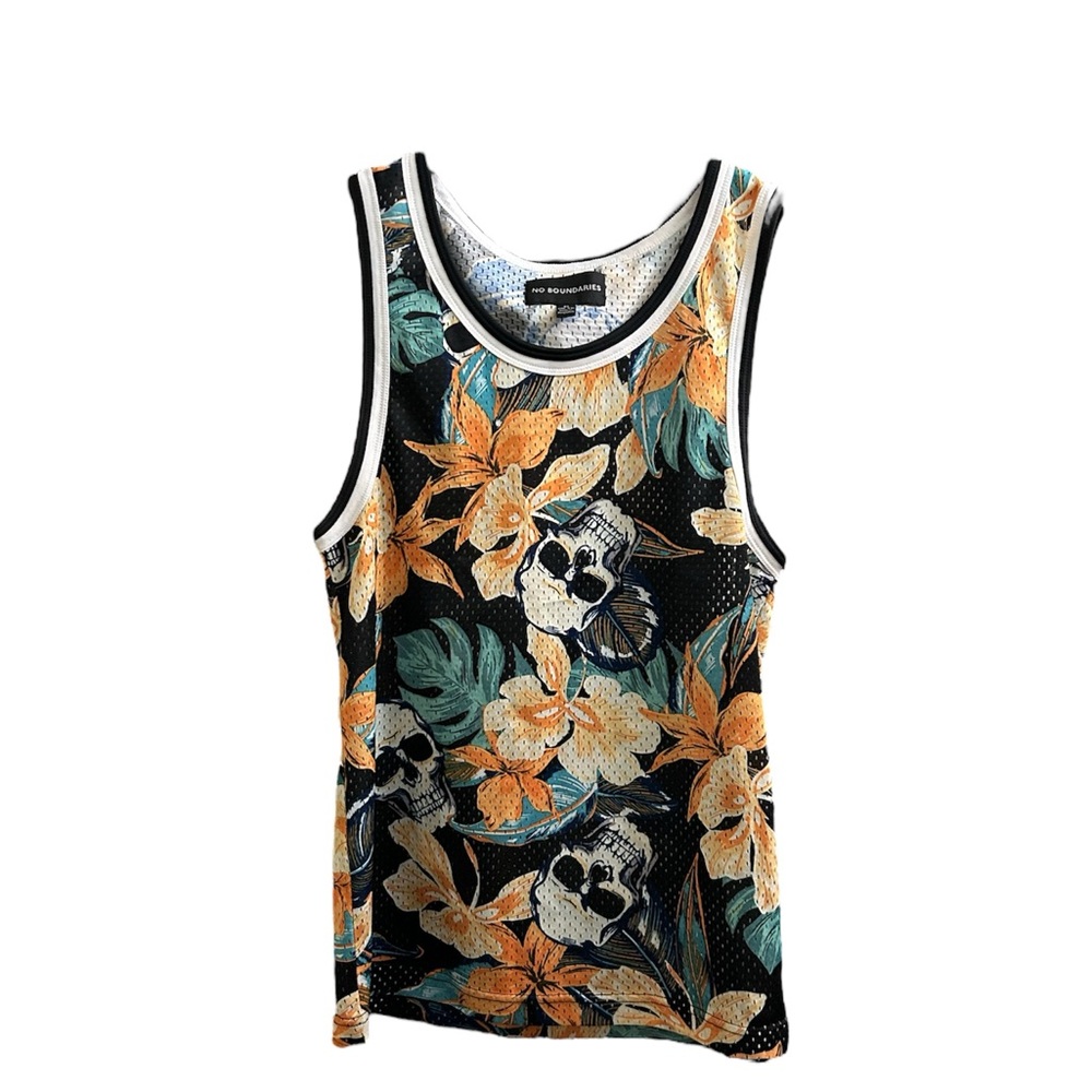 No Boundaries Size XS(30-32) Mens Floral and Skull Mesh Tank Top